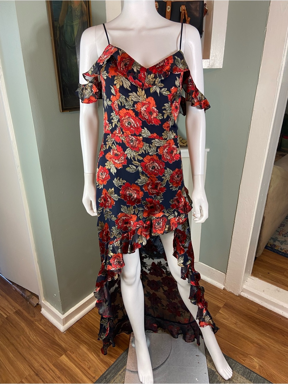 Amanda Uprichard High Low Floral Burnout Silk Blend Dress Red Black Asymm [TE]
